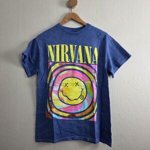 Nirvana Smiley Face Graphic Tee Blue Tie Dye Acid Wash Rock Band Shirt Medium